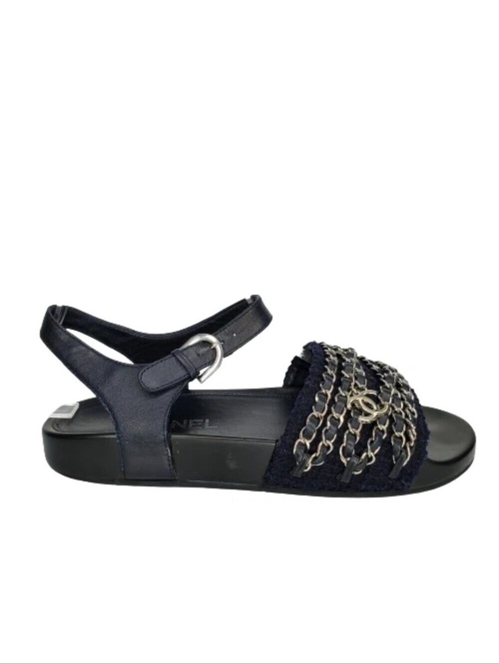 Chanel Tweed & Leather Silver Chain Dad Sandals